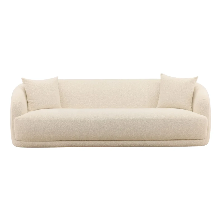 Sofa by Dovetail Yulissa in off-white textured fabric with a continuous frame, floor level profile and two accent pillows