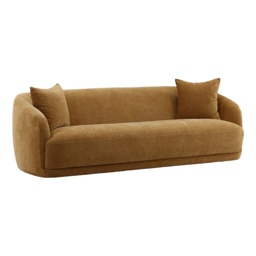 Sofa by Dovetail Yulissa in golden-tan textured upholstery with a bench-style silhouette and two matching square pillows