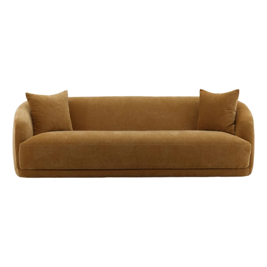 Sofa by Dovetail in camel brown textured fabric with rounded contours and square scatter pillows