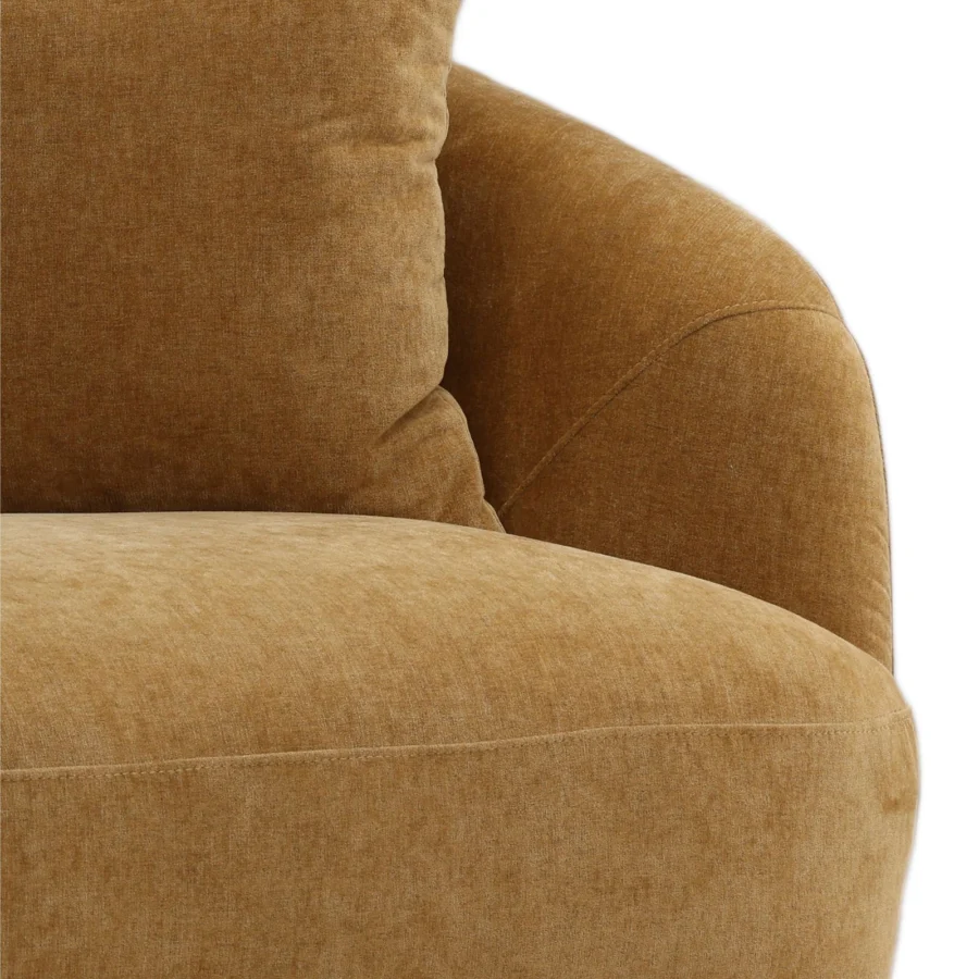 Sofa by Dovetail with hardwood frame and mustard gold textured upholstery in a low profile rounded organic continuous shape