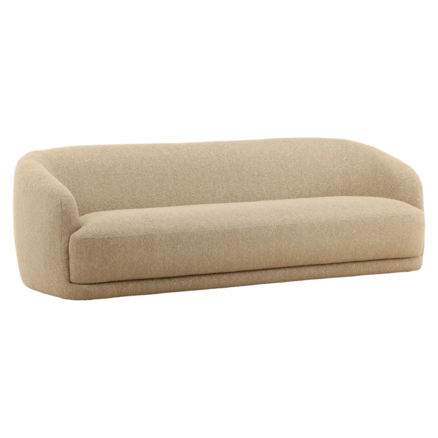 Sofa by Dovetail in light beige bouclé upholstery with continuous curved backrest, rounded armrests and plinth base wood