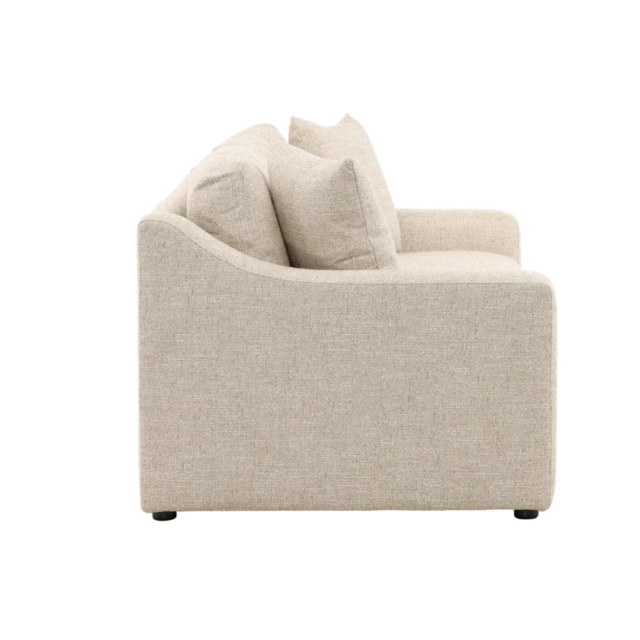 Sofa by Dovetail Emma in light oatmeal textile upholstery, featuring a woven texture over hardwood frame and dark feet