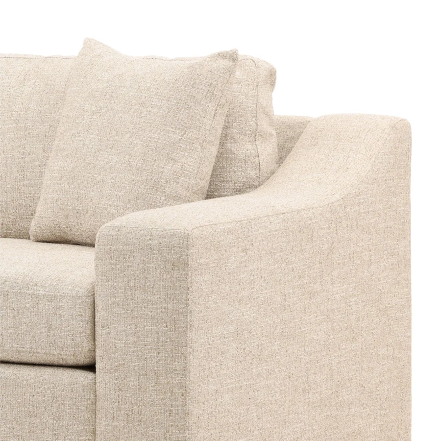 Sofa by Dovetail in heathered beige woven upholstery with hardwood frame, boxy silhouette plus wide track armrests