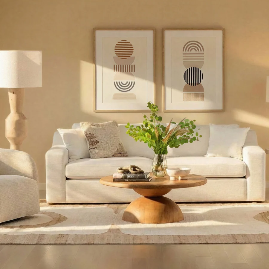 Sofa by Dovetail Emma in off-white textured upholstery with hardwood frame, thick armrests and a fully skirted base