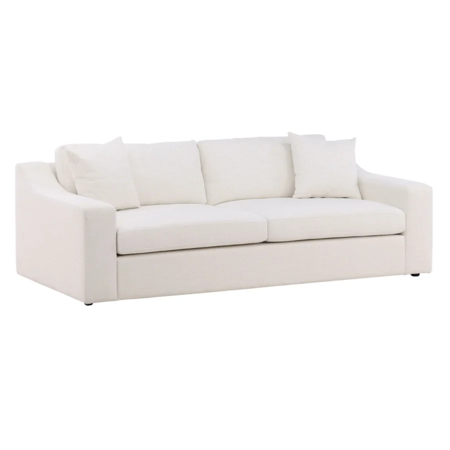 Sofa by Dovetail Emma in off-white textured upholstery with hardwood frame, tapered track arms plus a skirted base design