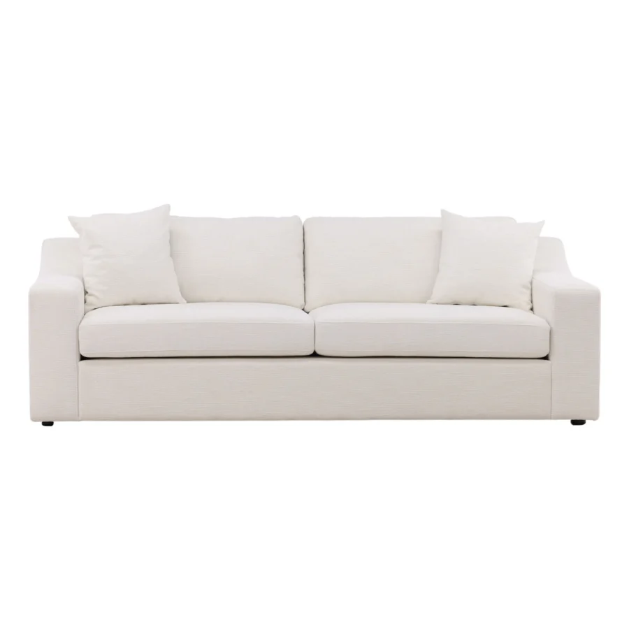 Sofa by Dovetail featuring hardwood frame and off-white textured fabric upholstery with cream finish and pillows