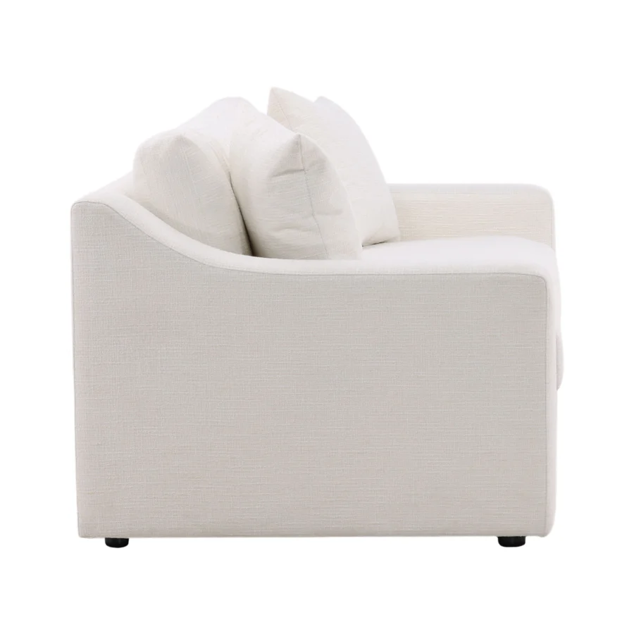 Sofa by Dovetail in cream textured woven upholstery with hardwood frame, low profile base, recessed feet and loose pillows