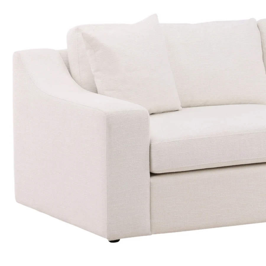 Sofa by Dovetail in matte off-white woven fabric with hardwood frame, straight lines and a matching loose scatter pillow
