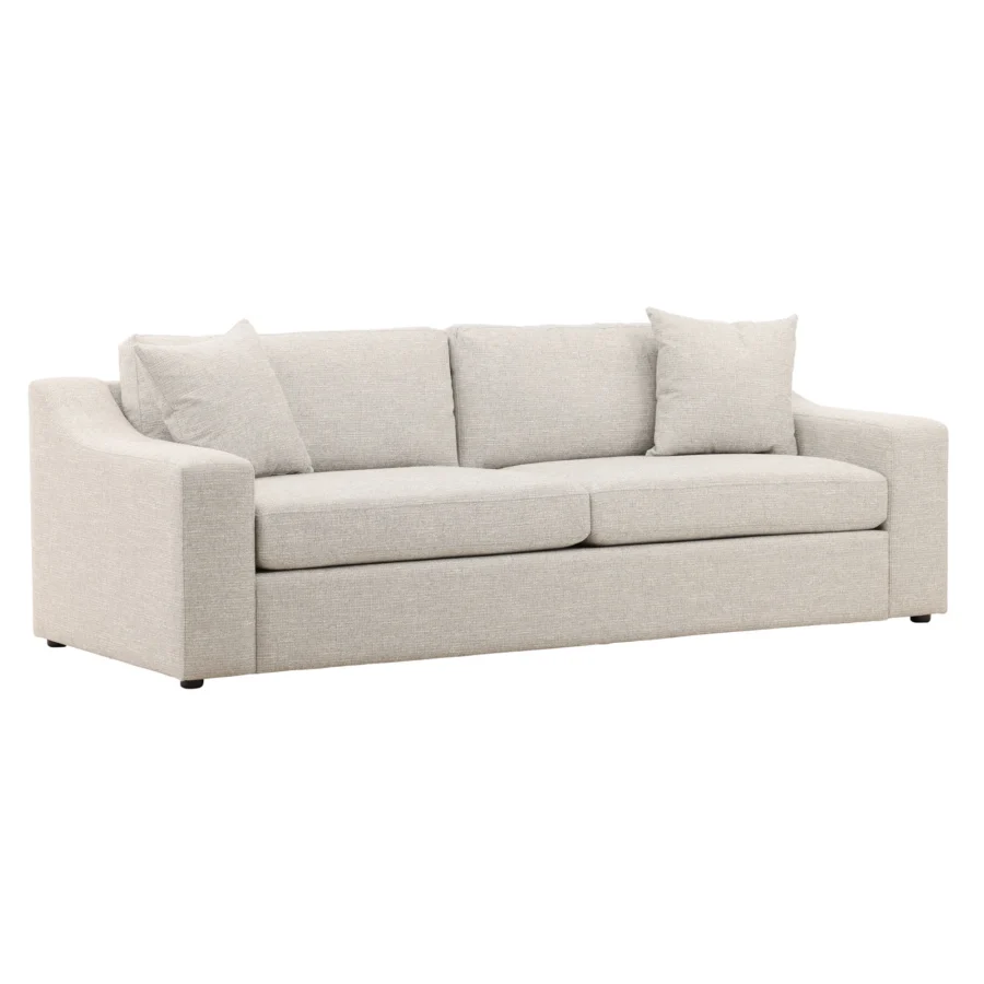 Sofa by Dovetail in light beige woven fabric with outward sloping track arms and hardwood frame construction