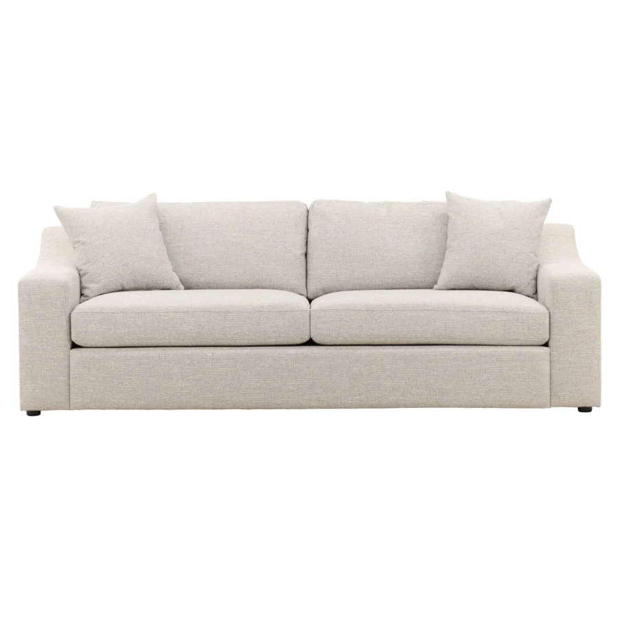 Sofa by Dovetail in light beige woven fabric with matte texture, low profile silhouette, flared arms and dark supports