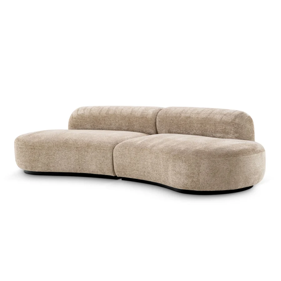 Sofa by Eichholtz in Lyssa Sand fabric with textured mélange finish rounded bolsters and black recessed base