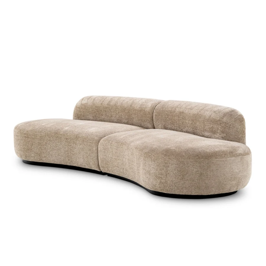 Sofa by Eichholtz in Lyssa Sand fabric with segmented backrest cushioning on black wooden base