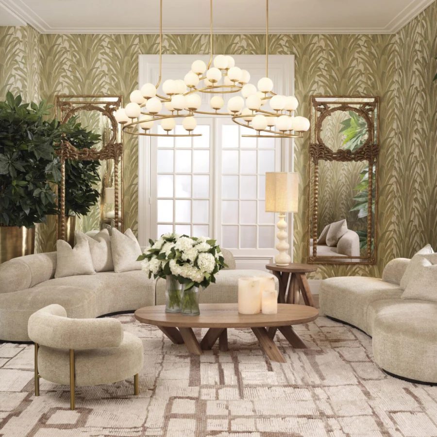 Sofa by Eichholtz Björn S in Lyssa Sand fabric featuring textured weave upholstery and low profile crescent silhouette