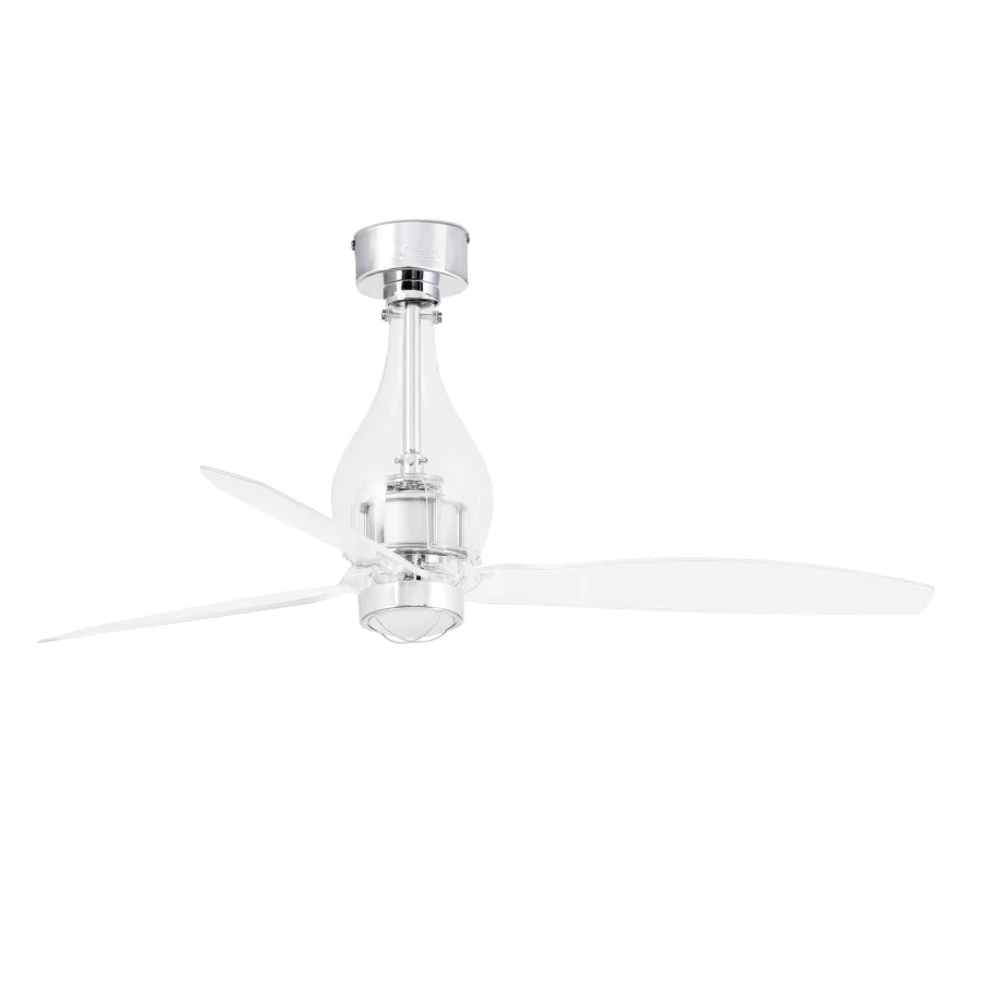 Ceiling fan by Faro Barcelona with transparent resin blades and bulbous teardrop casing in glossy silver metal hardware