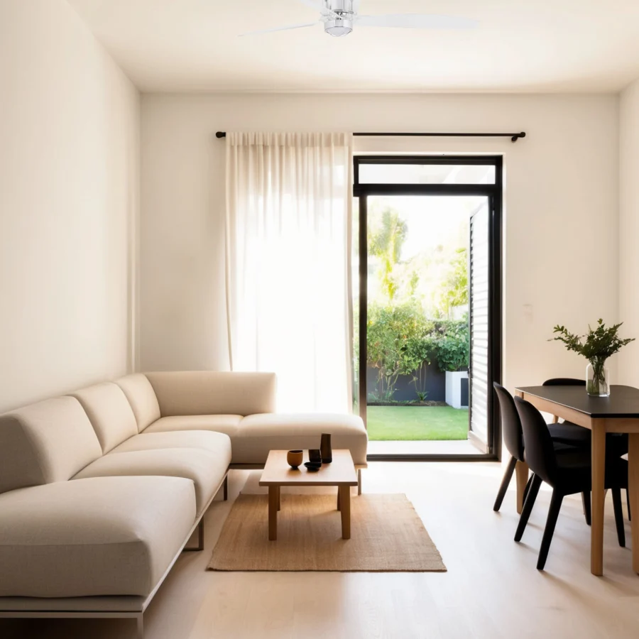 Ceiling fan by Faro Barcelona featuring clear glass motor housing enclosing matte white blades and polished metallic hardware