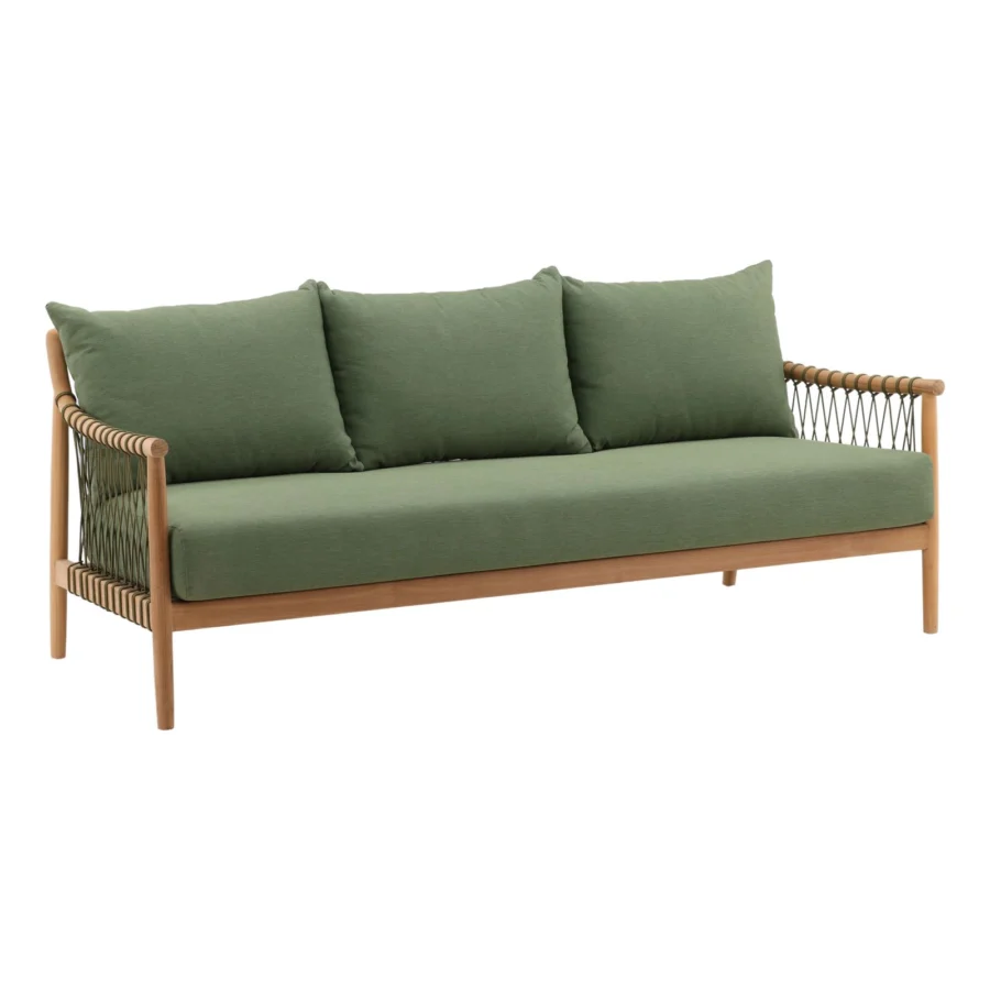 Sofa by Dovetail Home in medium green fabric and light brown wood featuring woven cord details and cushions