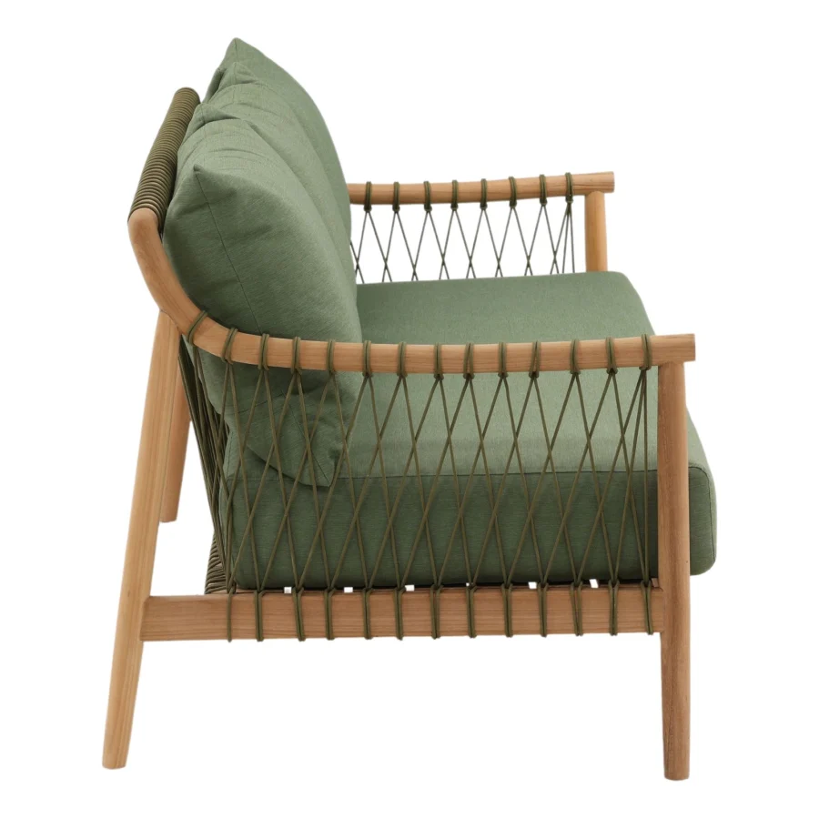 Sofa by Dovetail with natural wood frame in matte finish, olive green fabric cushions and woven rope side lattice details