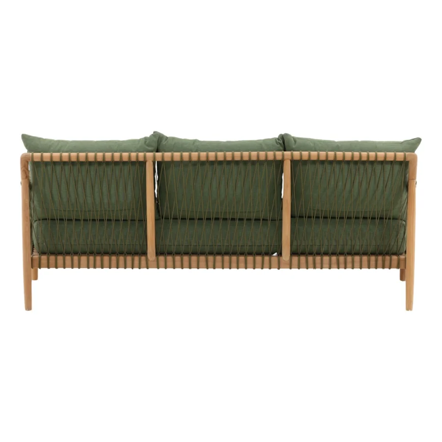 Sofa by Dovetail Home in olive green fabric, featuring wood frame with matte natural finish and woven rope back panels