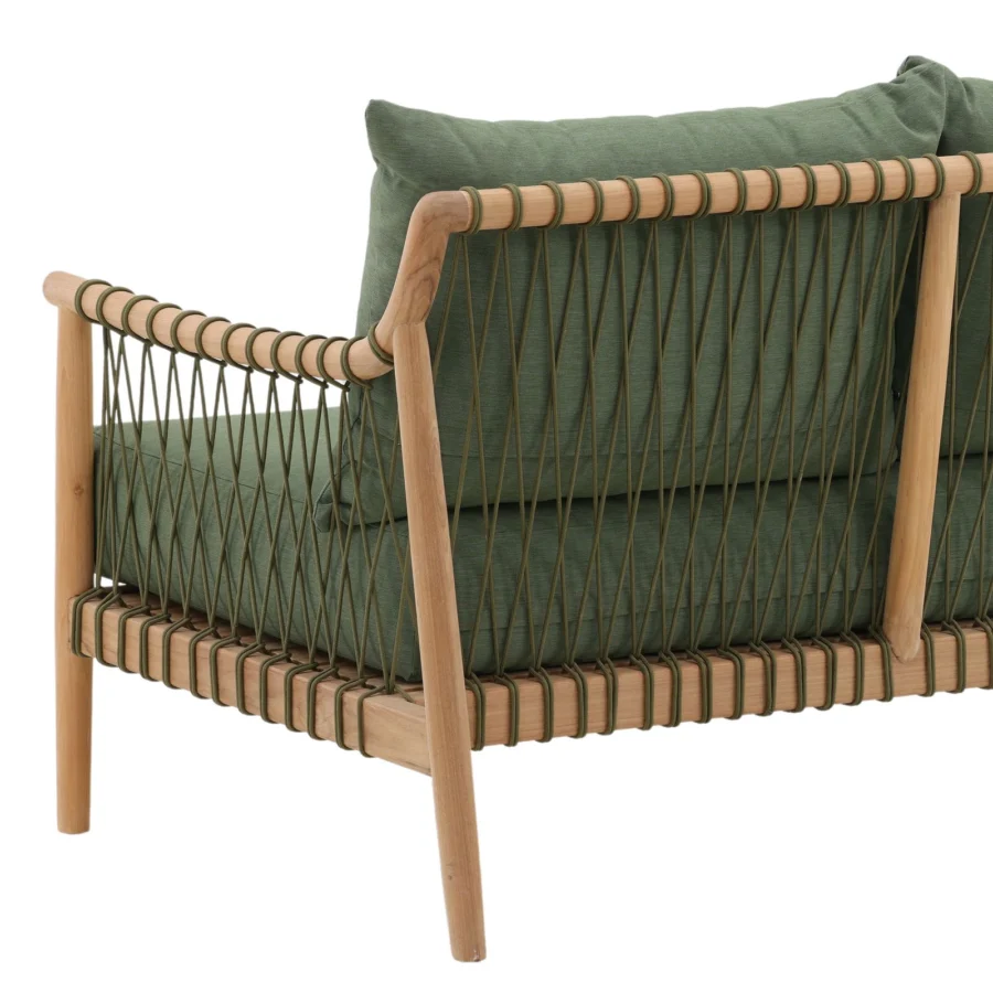 Sofa by Dovetail in olive green fabric with wood frame in natural finish plus woven cord backrest and tapered base…