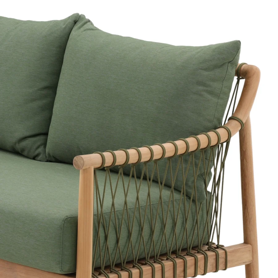 Sofa by Dovetail featuring a natural wood frame, smooth matte finish, crisscross cord detail, and olive green fabric cushions