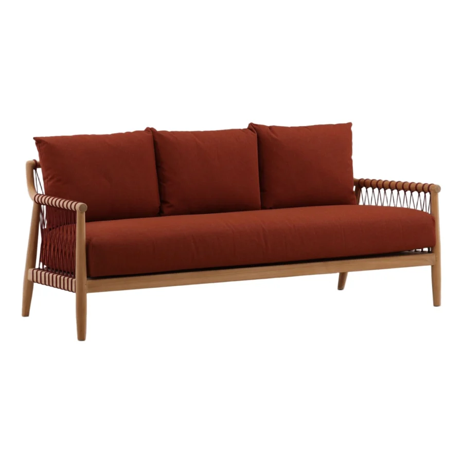 Sofa by Dovetail in rust-orange fabric with a smooth wood frame, matching base, cord sides, and tapered legs