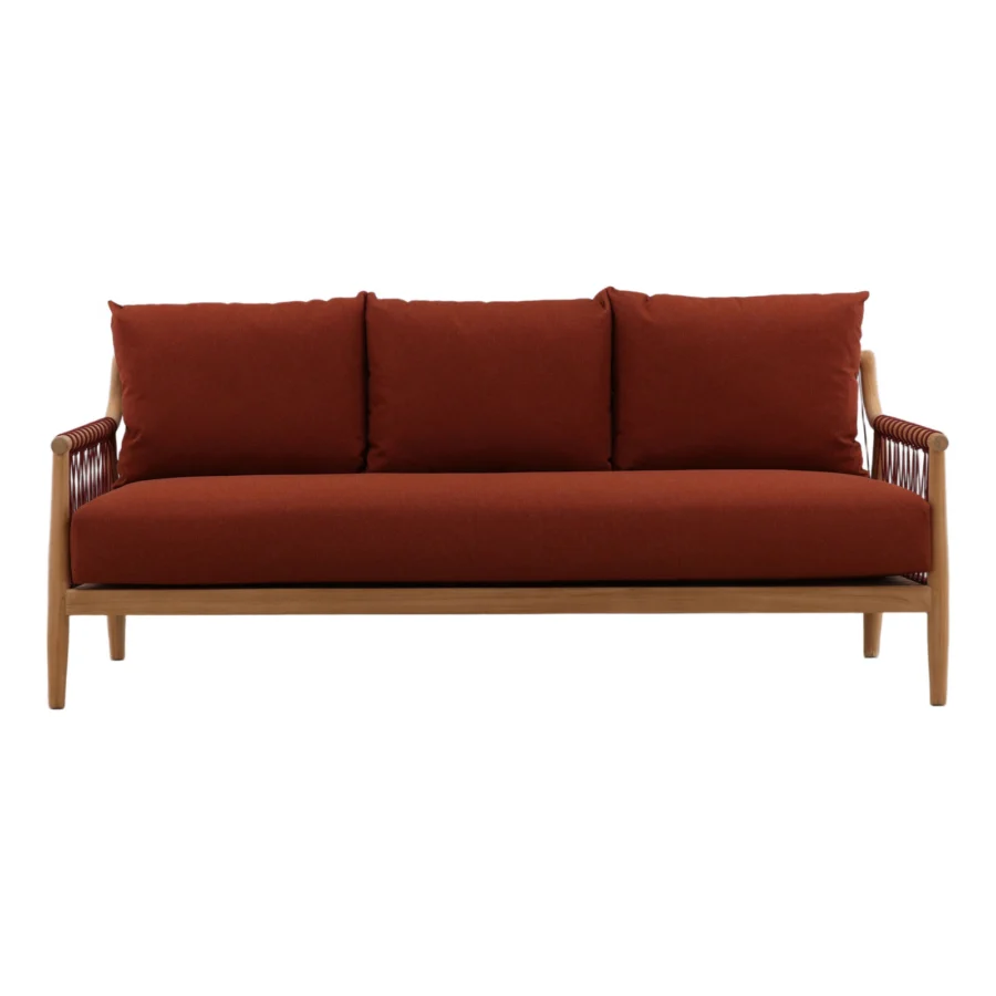 Sofa by Dovetail Tahoe in burnt-orange upholstery with natural wood frame, woven rope armrest panels and tapered legs
