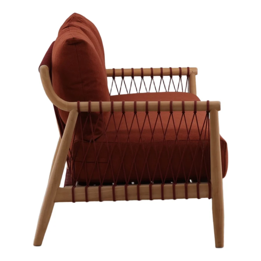 Sofa by Dovetail Home featuring rust red terracotta fabric upholstery and light natural wood frame with woven cord details