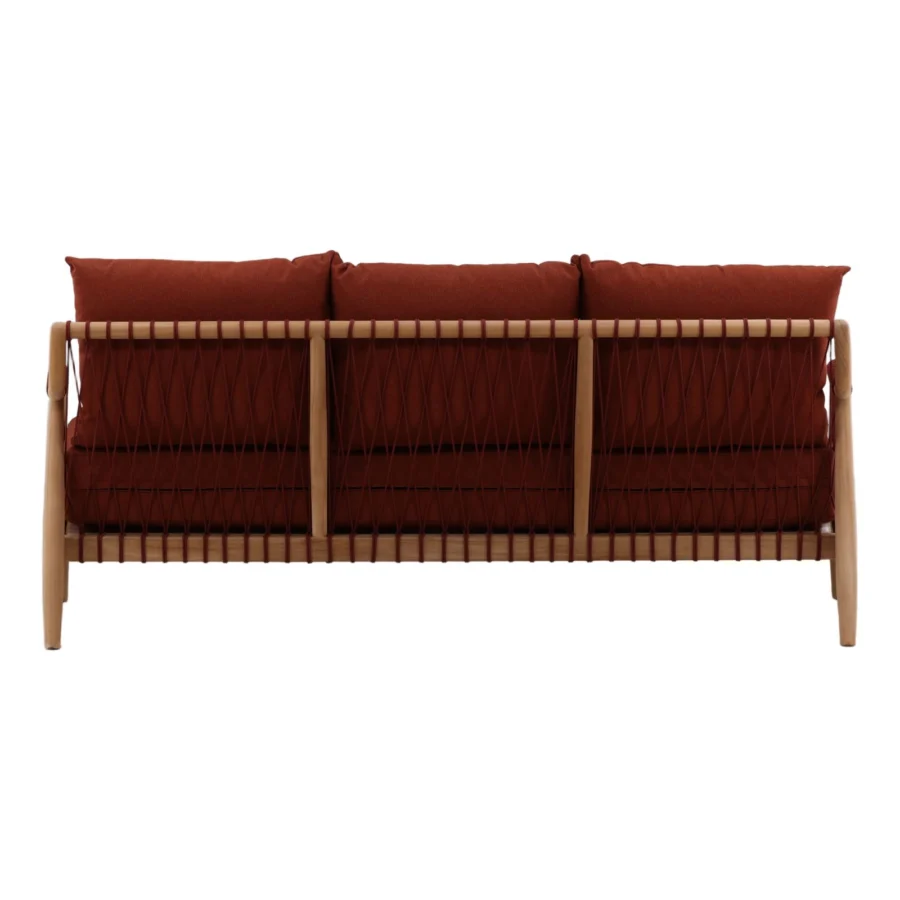 Sofa by Dovetail with terracotta performance fabric cushions and wood frame in matte finish plus diagonal woven cord back