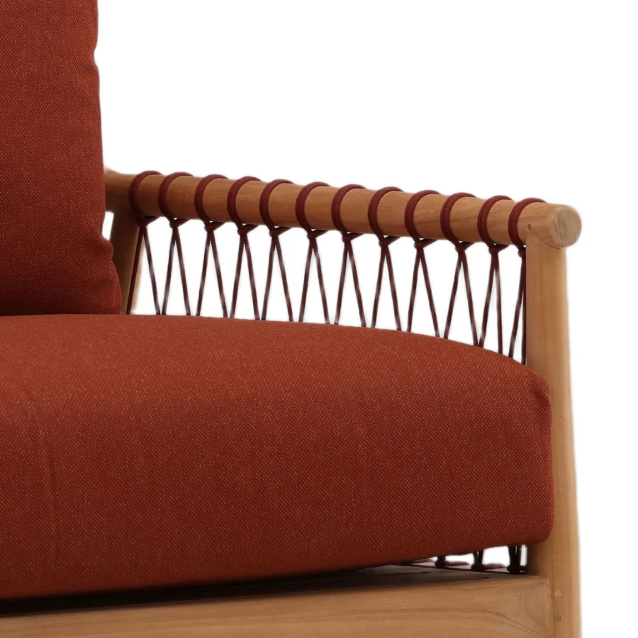 Sofa by Dovetail featuring light wood frame and terracotta fabric upholstery with dark cord side panels
