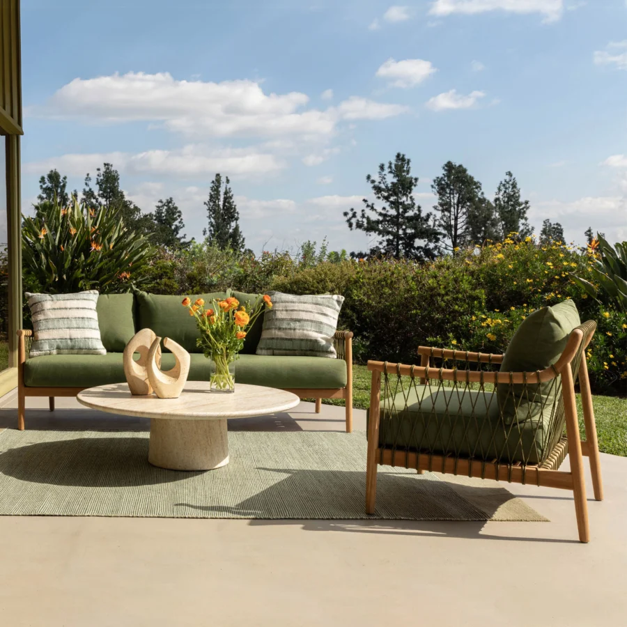 Sofa by Dovetail Tahoe in olive green performance fabric with natural wood frame, matte finish and woven cord detailing