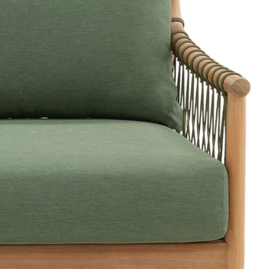 Sofa by Dovetail featuring a solid wood frame with matte finish, natural tone, and olive green cushions wrapped in rope…