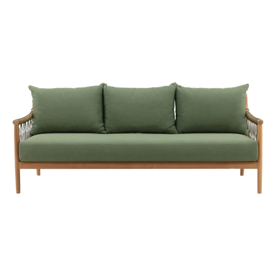 Sofa by Dovetail Tahoe in medium brown wood with smooth finish, beige woven rope, and olive green performance upholstery