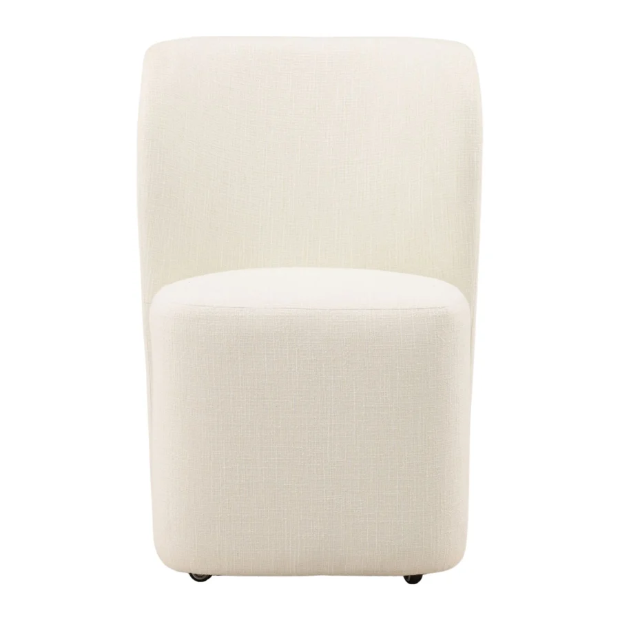 Dining chair by Dovetail in off-white textured fabric with a barrel silhouette and monolithic base supported by casters