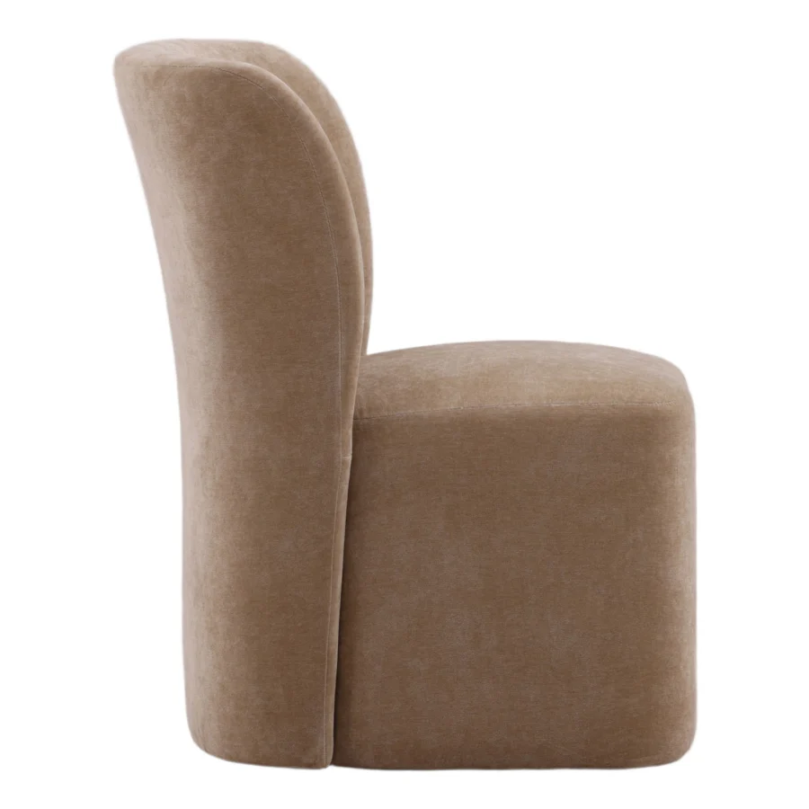 Dining chair by Dovetail in medium beige taupe textured fabric with a matte nap finish and a curved upright silhouette