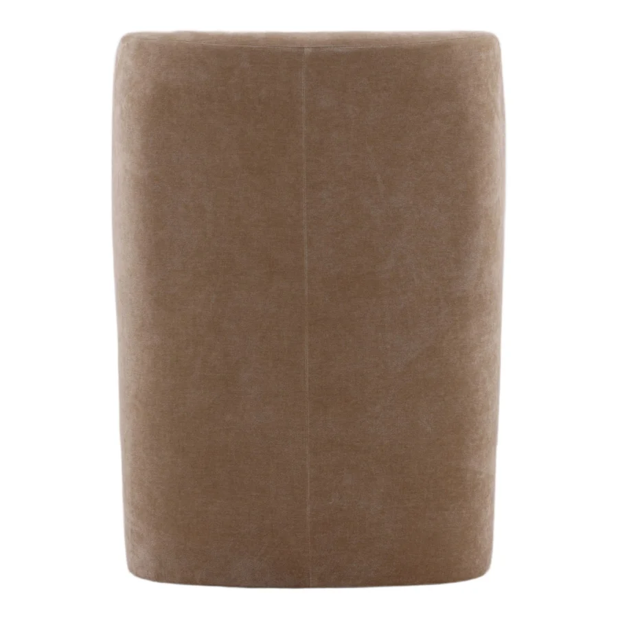 Dining chair by Dovetail Saoirse in matte taupe fabric with barrel silhouette, continuous backrest and block base design