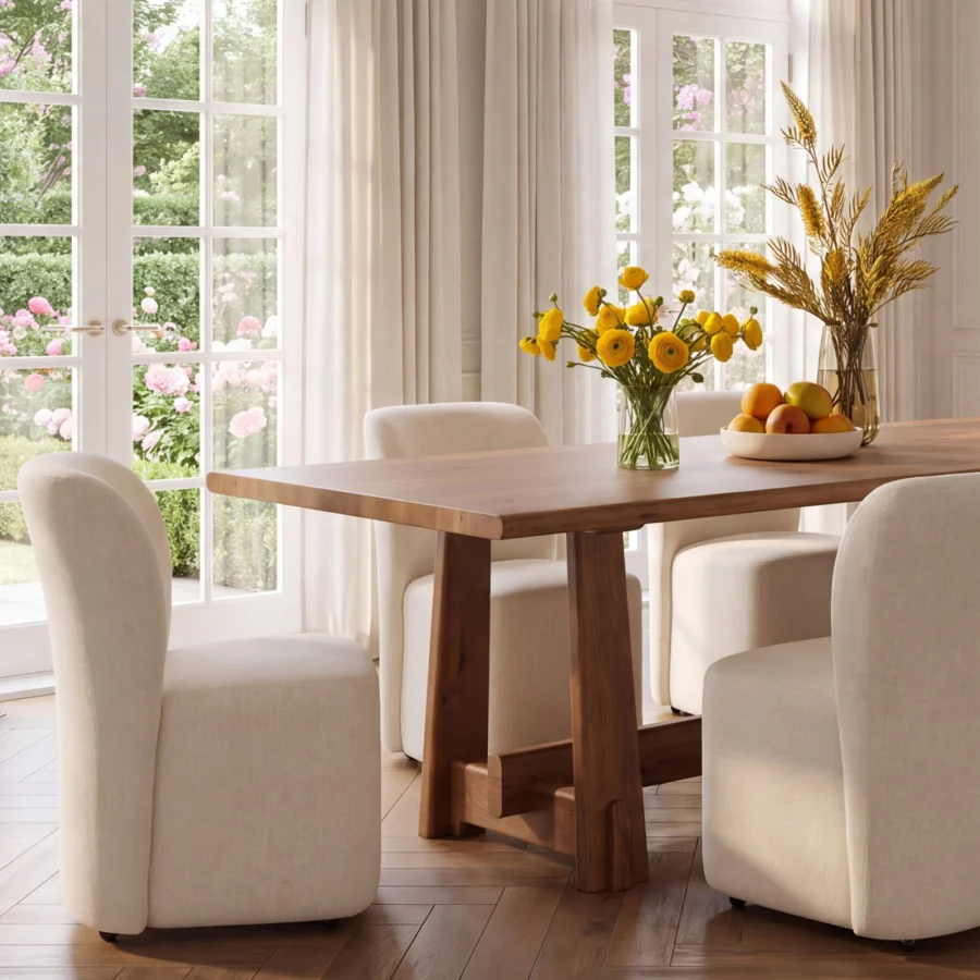 Dining set by Dovetail featuring light beige fabric upholstery paired with solid matte brown wood construction