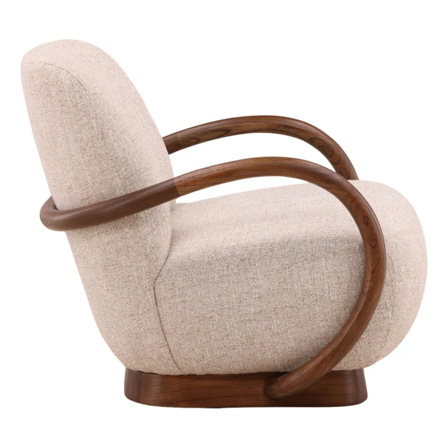 Occasional chair by Dovetail in oatmeal woven fabric upholstery with a curved wood frame and dark satin finish base