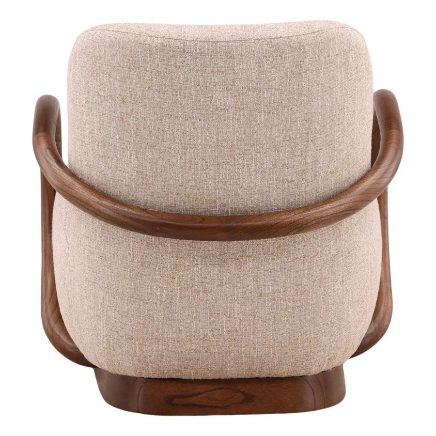 Occasional chair by Dovetail in neutral beige textured woven fabric, featuring a smooth polished wood frame and base