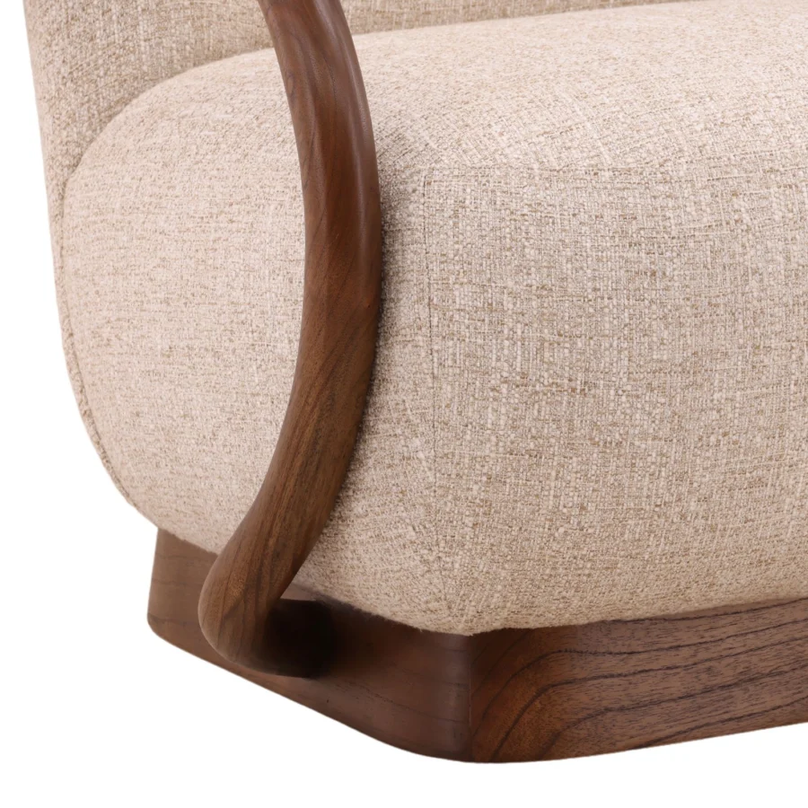 Occasional chair by Dovetail in cream woven upholstery with dark brown wood frame, curved armrests and plinth foundation