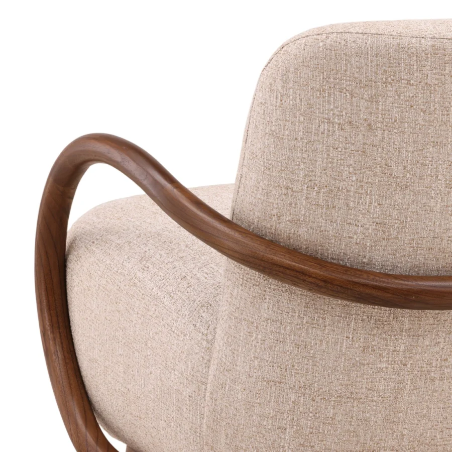 Occasional chair by Dovetail Linfield featuring oatmeal textile upholstery on a dark brown wood frame with curved organic lines