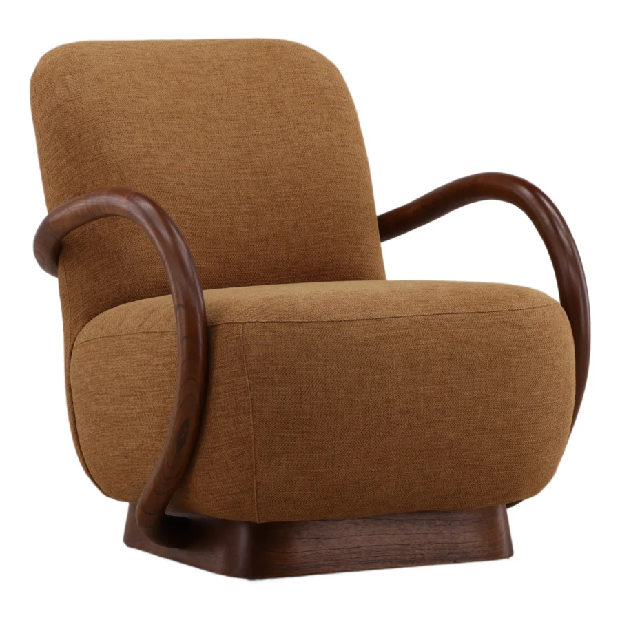 Occasional chair by Dovetail Linfield in medium-brown textured upholstery with dark wood frame, sculpted arms and base
