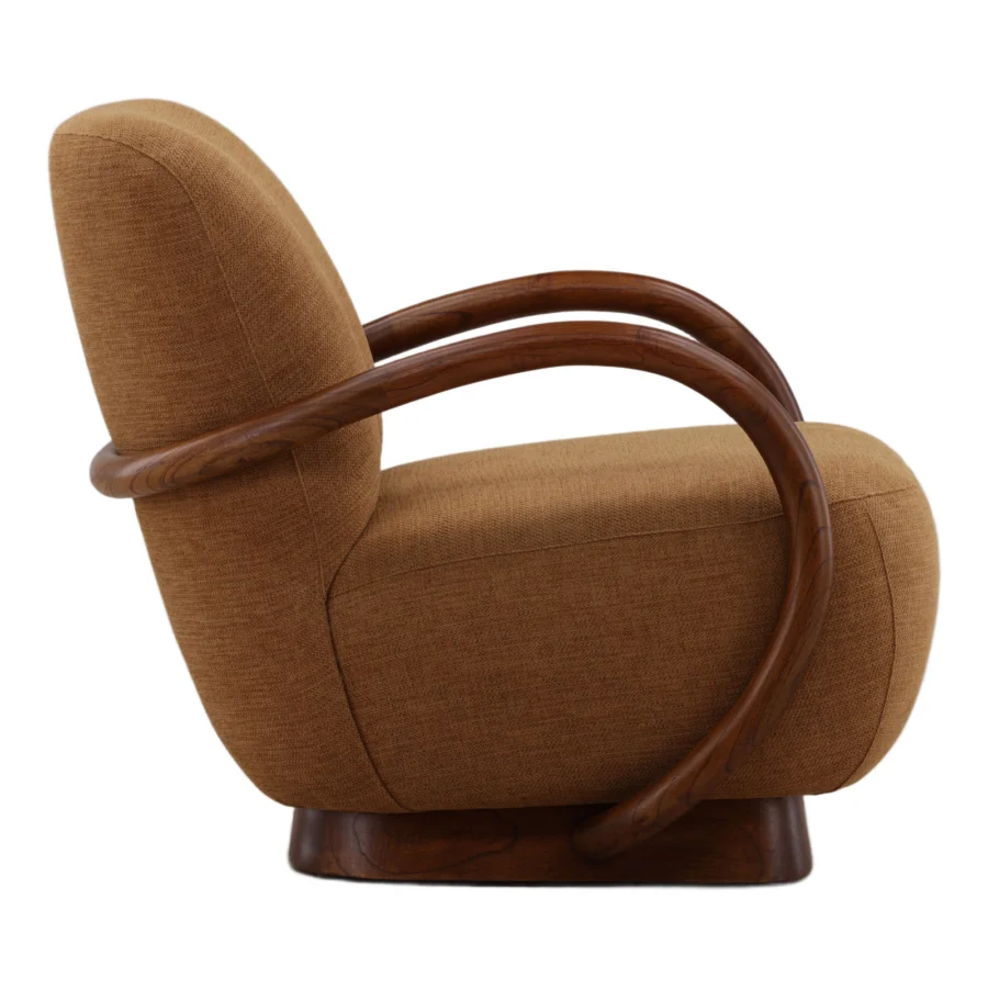 Occasional chair by Dovetail in mustard textured upholstery with a curved wood frame featuring a polished natural finish