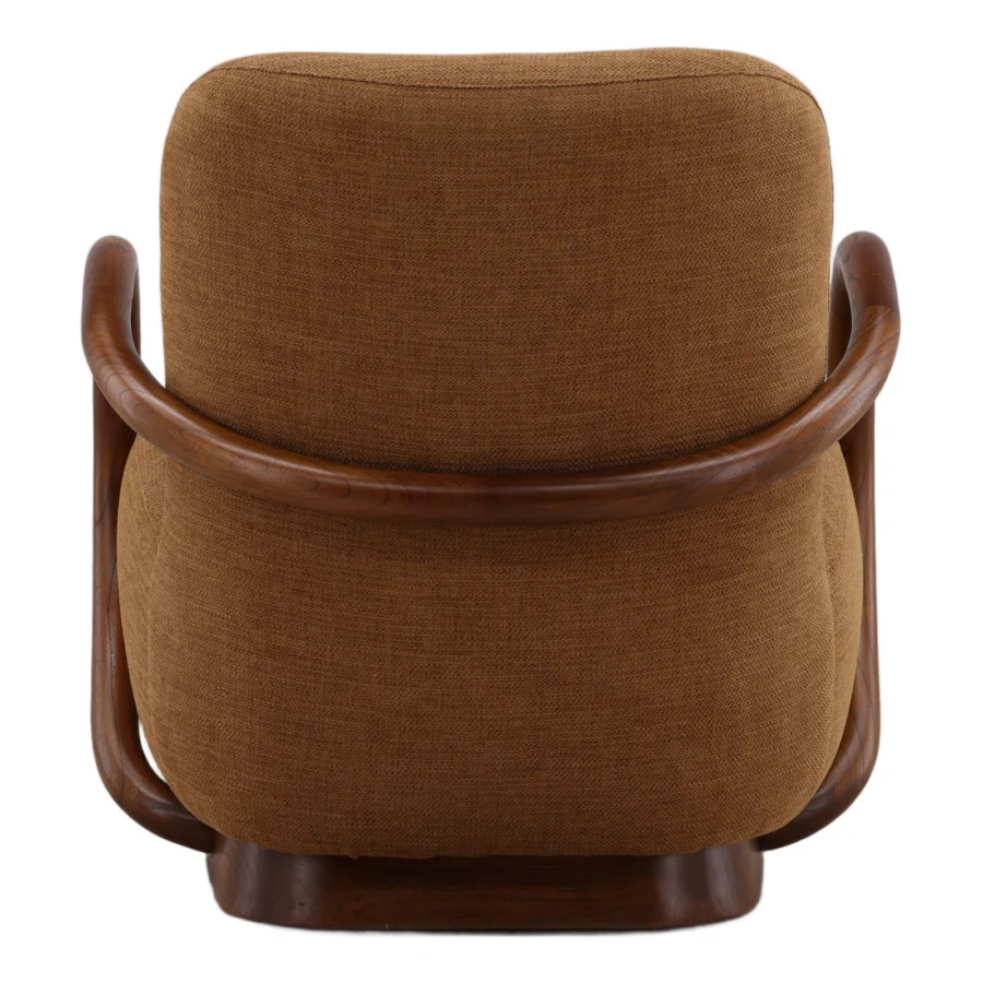 Occasional chair by Dovetail featuring solid wood framing carrying reddish brown finish plus earthy fabric upholstery