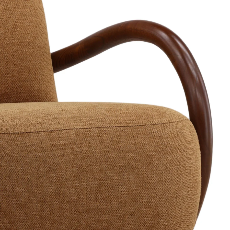 Occasional chair by Dovetail in mustard yellow woven upholstery with a curved wood frame and polished finish silhouette