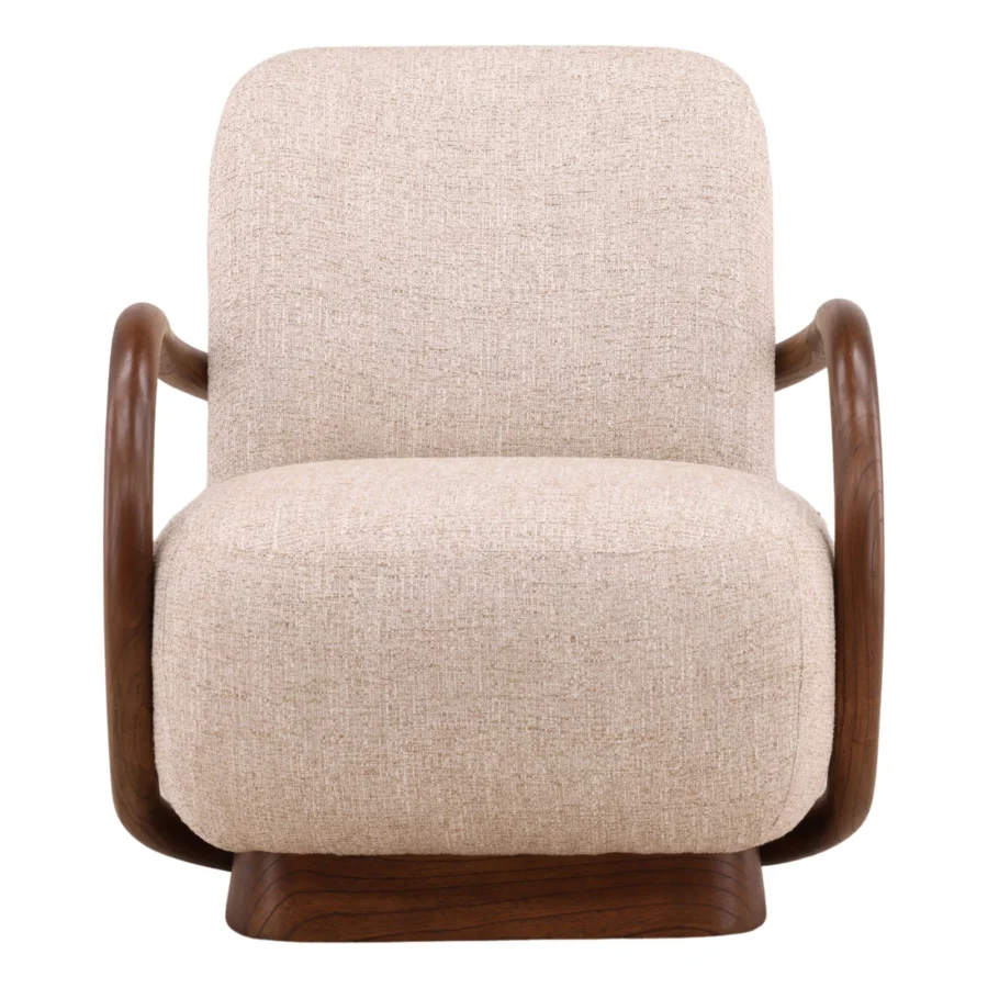 Occasional chair by Dovetail in light beige textured fabric upholstery with a wood frame base displaying satin finish