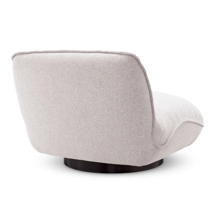 Lounge chair by Eichholtz in light gray Mauritius fabric with seam piping on a black powder-coated stainless swivel base