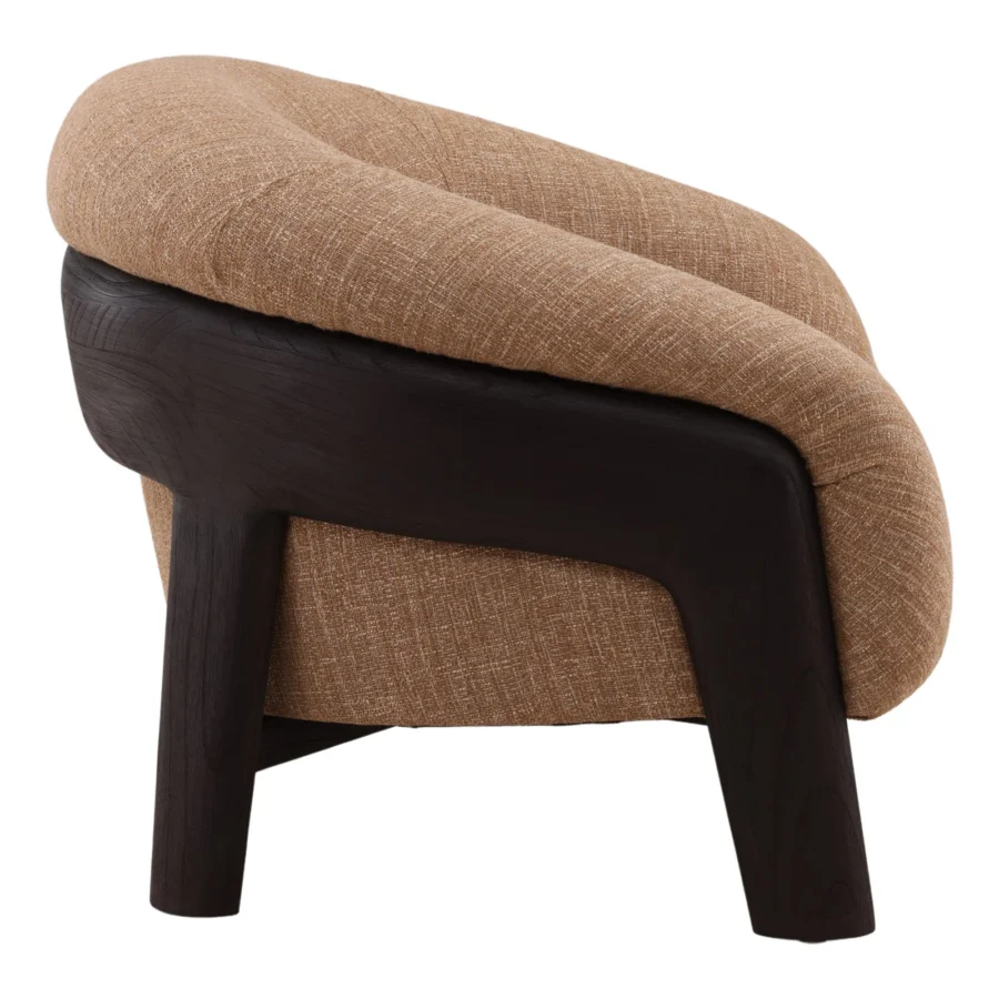 Chair by Dovetail featuring light tan textured fabric upholstery, dark wood frame, matte finish, curved silhouette, and wide legs