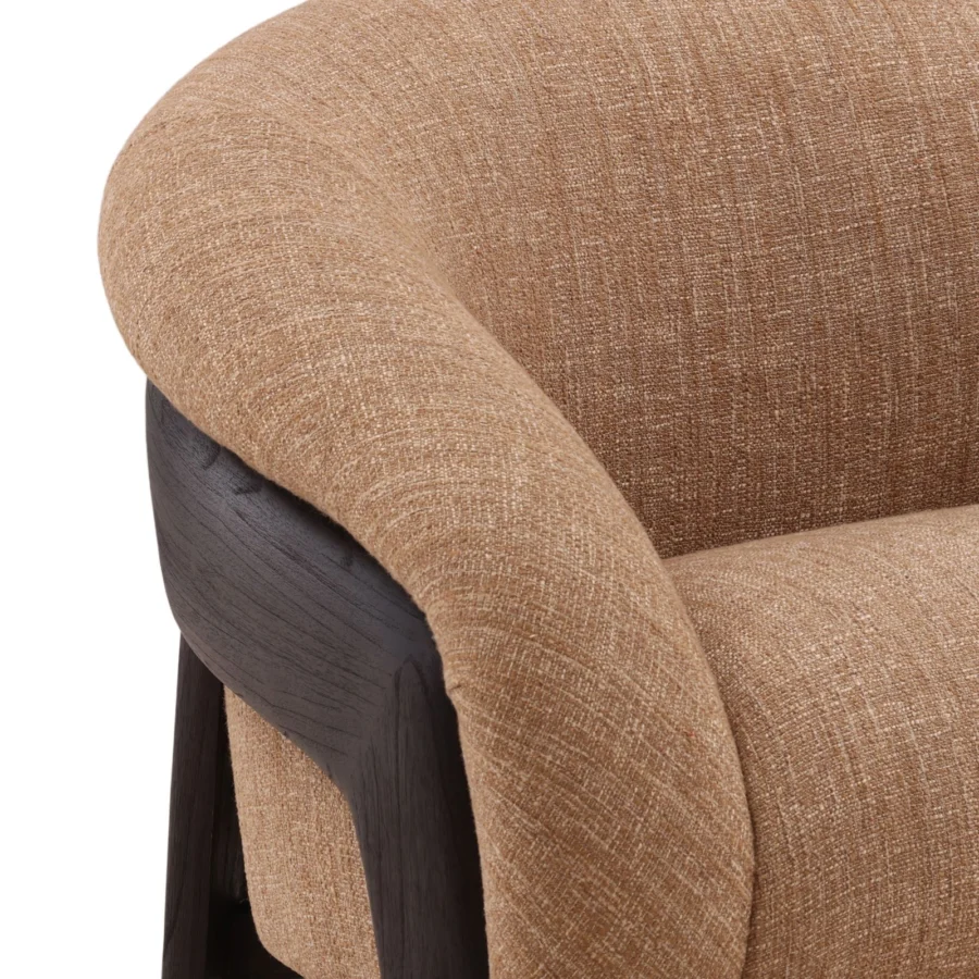 Chair by Dovetail featuring a curved silhouette in warm beige woven fabric over a dark brown wood base