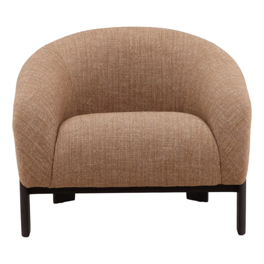 Chair by Dovetail in light brown textured woven fabric with dark wood frame and matte finish