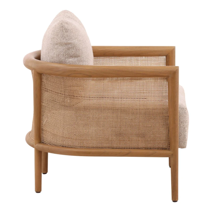 Lounge chair by Dovetail featuring a wood frame with satin finish and woven cane paneling plus light beige upholstered cushions